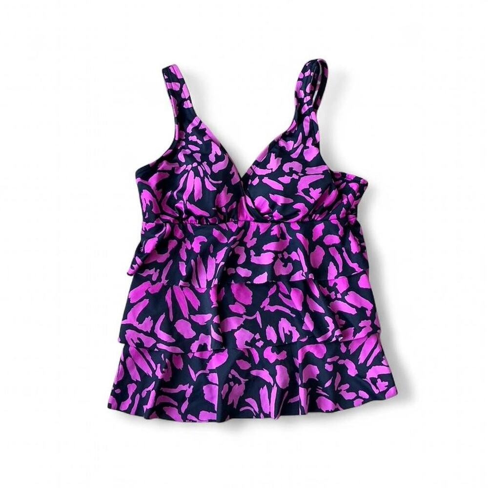 Vintage International Concepts Purple & Black Abstract Print Swim Top – Size M